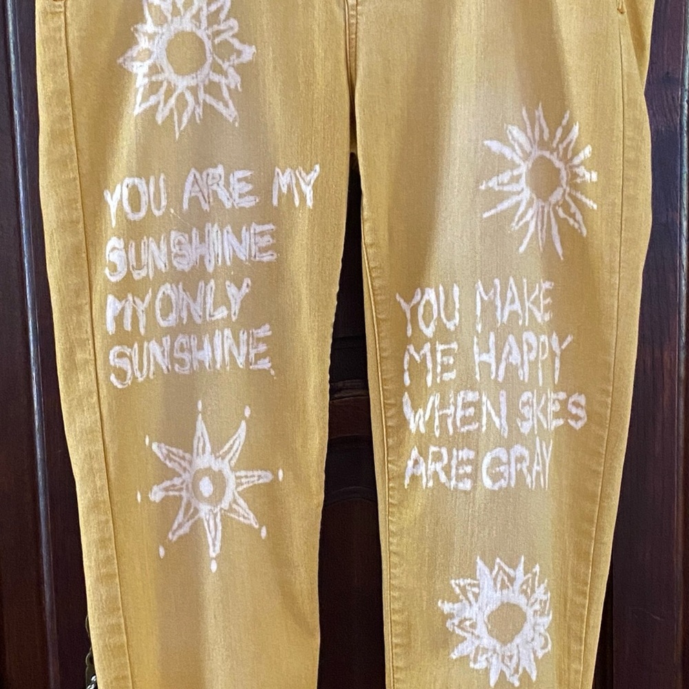 YOU ARE MY SUNSHINE One of a kind artisan up cycled denim mid rise skinny size15 - Picture 1 of 3